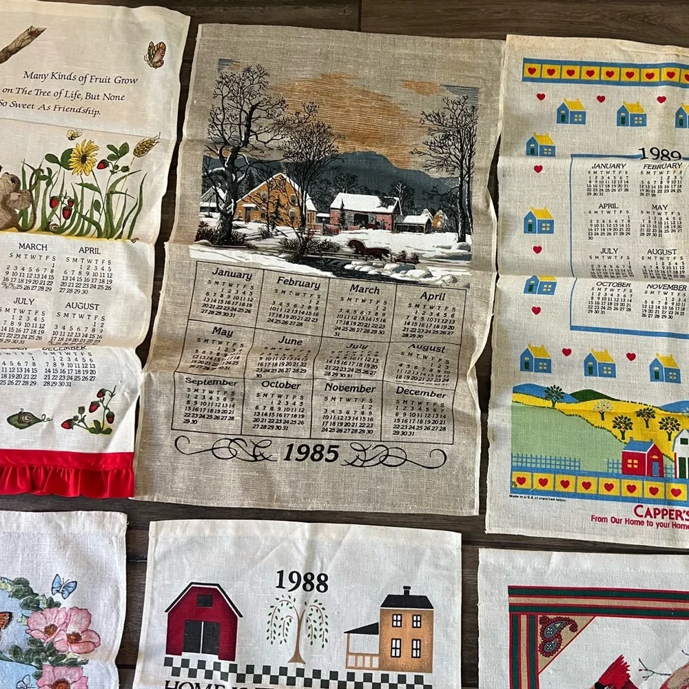 Lot 9 VTG 1980s Linen Calendar Towels Country Farmhouse Folk Kitchen Tea Towels - Picture 9 of 10